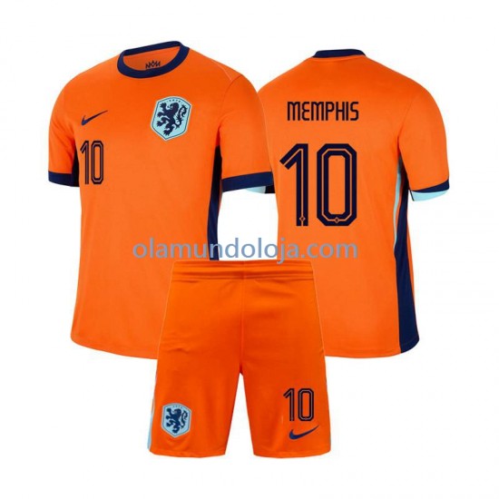 Camisola Países Baixos Memphis Depay 10 Criança Equipamento Primeiro Euro 2024 Manga Curta